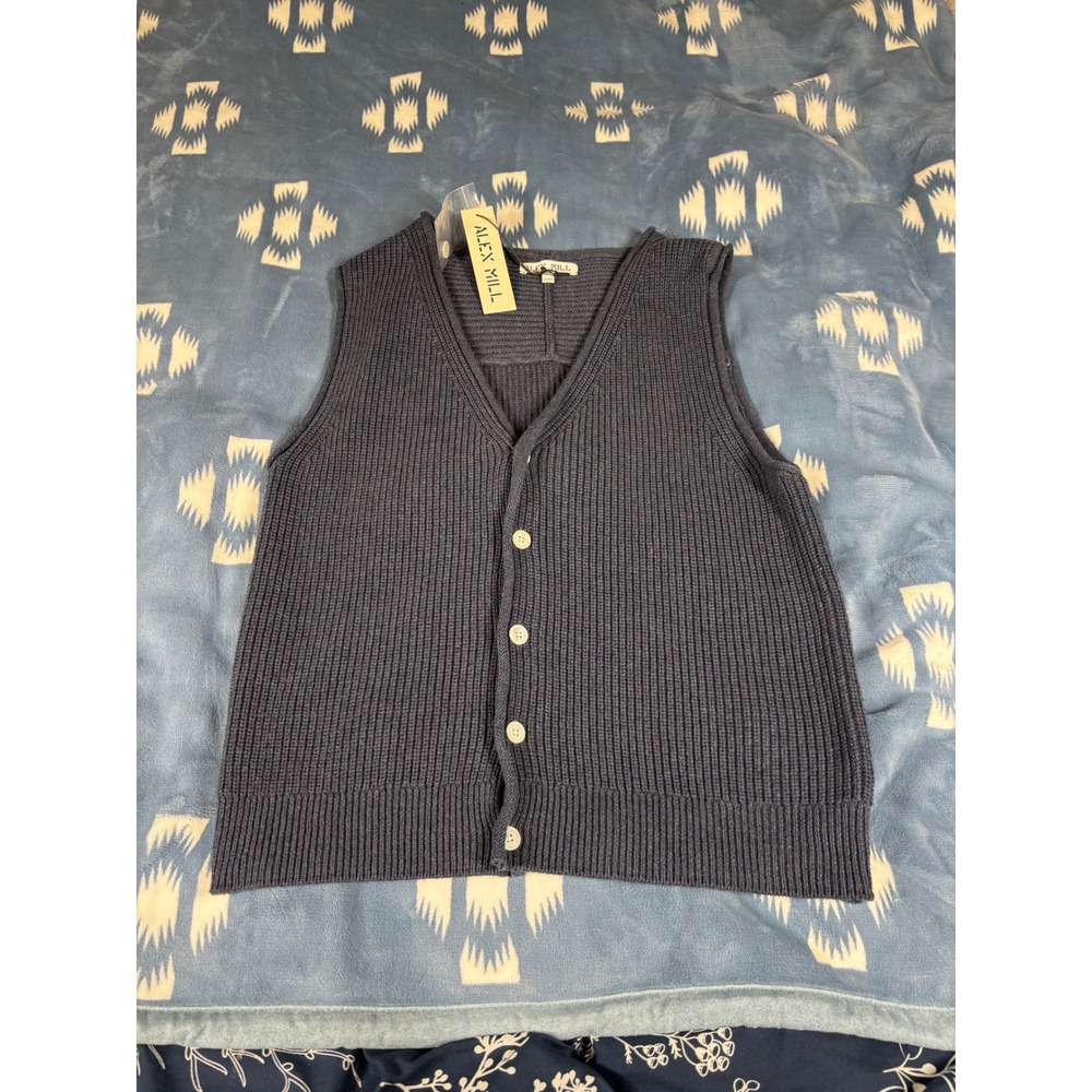 Alex Mill Women Blue Ribbed V-Neck Button Front Cardigan Sweater Vest Large NWT